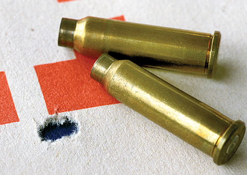If you are looking for a super accurate cartridge, the Mashburn is it. With a payload of 17.5 grains of H-4198 under a Hornady 50-grain V-Max bullet, this group measured a curt .185 inch at 100 yards. Velocity was 2,956 fps.